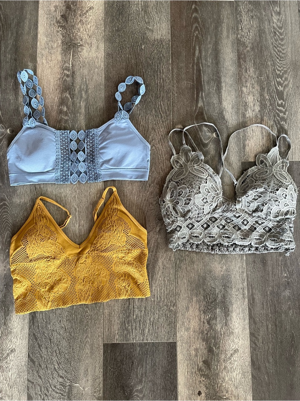 Three Bird Nest Lace & Crochet Bralette Set in Light Blue, Mustard, Gray